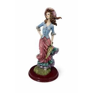 Vintage Resin Lady Figurine Victorian Style Woman with Hat on Wood Base 12" Tall